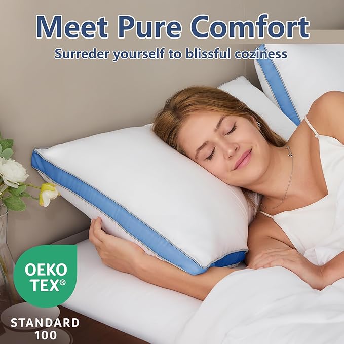 CozyLux Pillows Queen Size Set of 2, Soft and Supportive 3D Down Alternative Bed Pillow for Sleeping 2 Pack Blue, Luxury Hotel Quality Gusseted Bedding Pillow for Back, Stomach or Side Sleepers 18x28