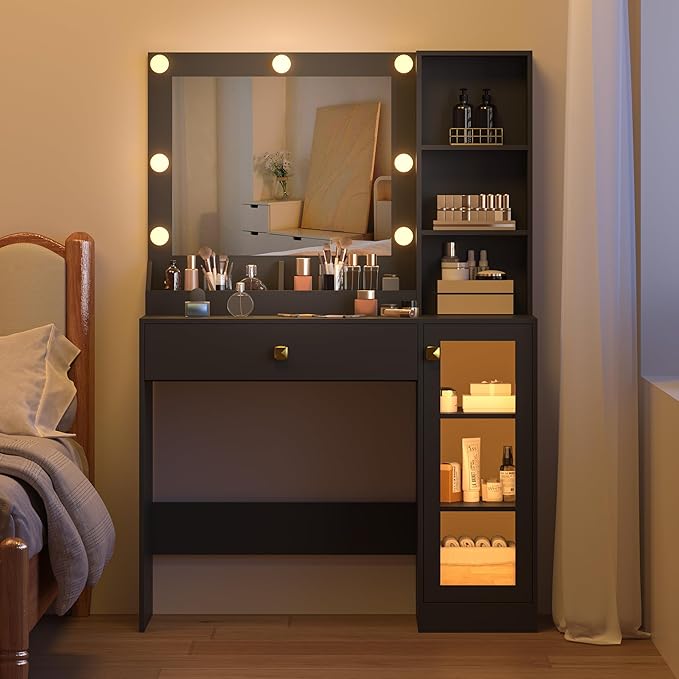 Small Vanity Desk with Mirror and Lights, Makeup Vanity Desk with Adjustable Brightness 3 Light Modes, RGB Storage Cabinet, Power Outlet, Drawer, Shelves, Vanity Table for Women Girls Bedroom