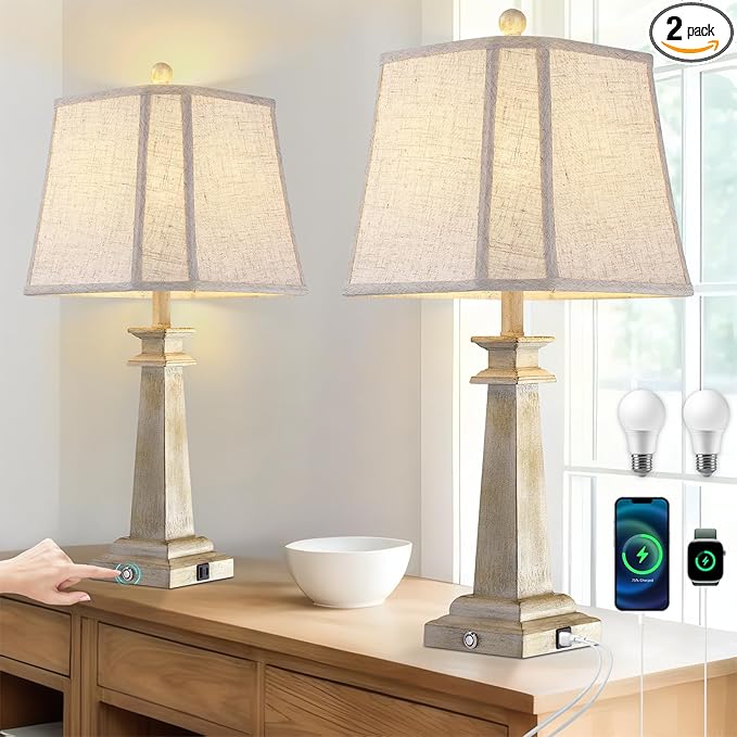27.5" Table Lamps Set of 2, 3-Way Dimmable Touch Lamps for Nightstand, Farmhouse Table Lamp for Living Room and Bedroom with USB A+C Charging Ports, Bulbs Included (Antique White)