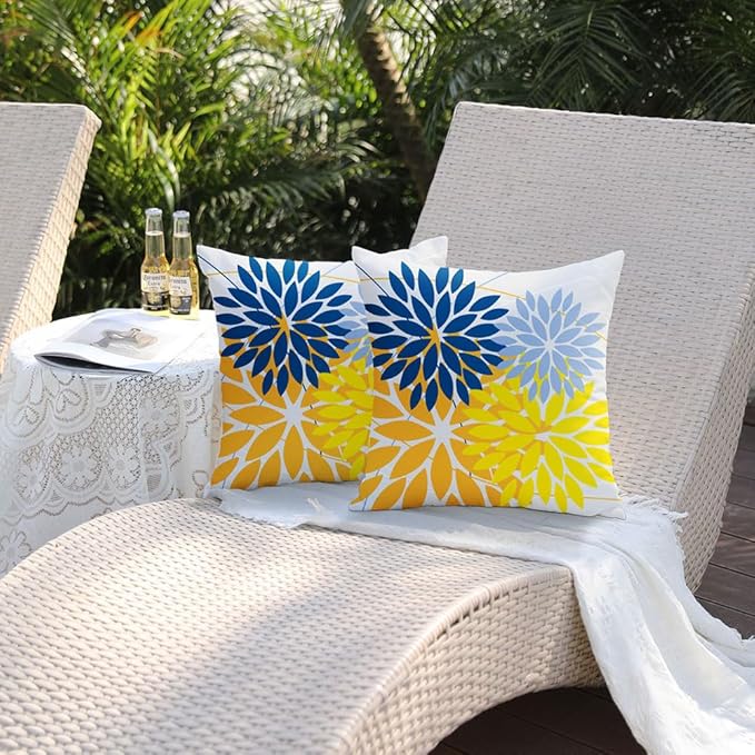 DFXSZ Outdoor Pillow Covers 18x18 Inch Set of 2 Yellow Blue Flower Decorative Waterproof Spring Summer Outdoor Pillow Covers for Patio Funiture Garden Couch 168E18