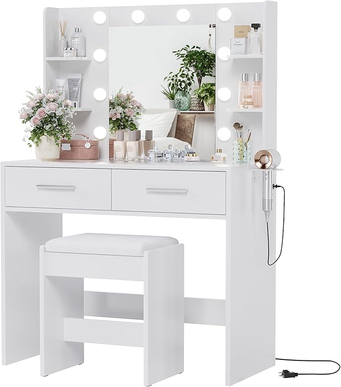 YESHOMY Vanity Desk with Mirror, Makeup Table with 2 Large Drawers, Power Outlet and Round Holder, 3 Color Modes Adjustable Bulb, Bench Included, White