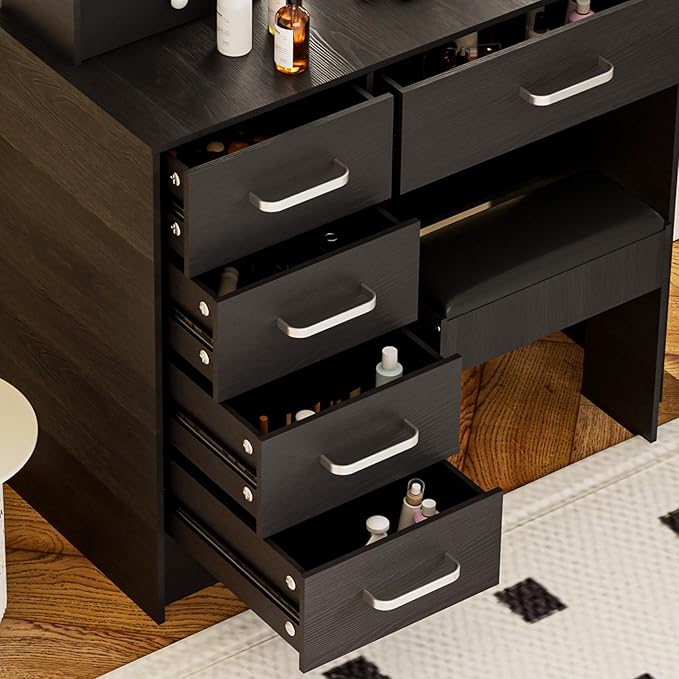 Black Vanity Set with 6 Storage Drawers & Silver Handles, Bedroom Vanity Desk Table Dressing Bench Stool with Hollywood Makeup Mirror and Lights 3 Colors Adjustable Brightness for Girls