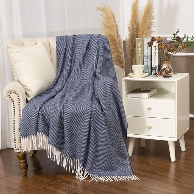 Gealaek Decorative Herringbone Faux Cashmere Throw Blanket Navy Blue Cheveron Fringe Lightweight Fuzzy Soft Cozy Throws for Sofa Bed Farmhouse Throw Blanket 50" x 60"