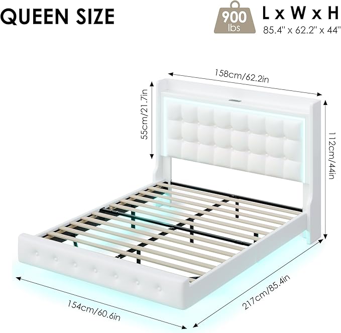 Keyluv Upholstered Queen Floating Bed Frame with LED Lights and Charging Station, Pu Leather Platform Bed with Button Tufted Storage Headboard, Type-C & USB Charging Ports, No Box Spring Needed, White