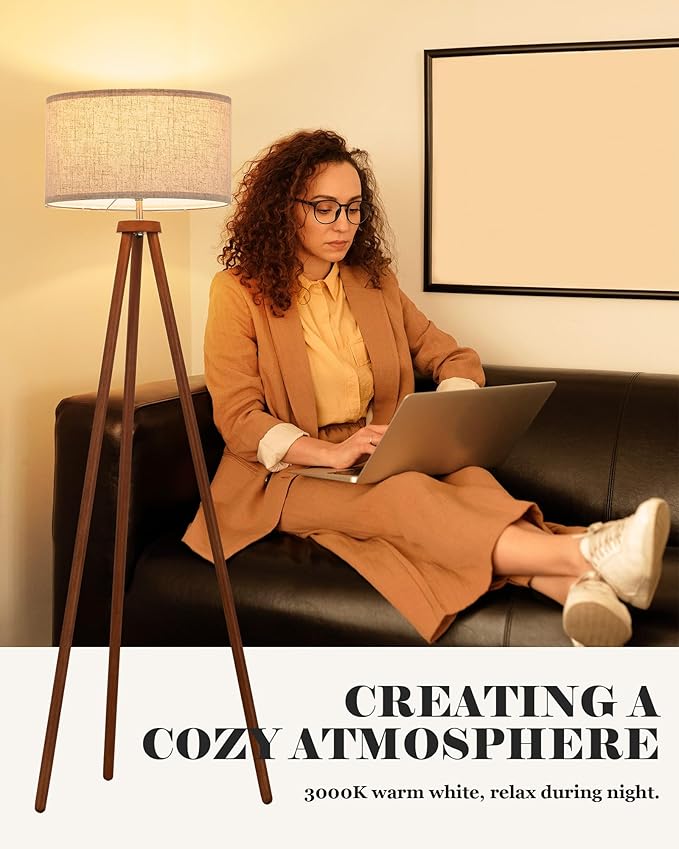 ELYONA Wood Tripod Floor Lamps for Bedroom, Vintage Standing Light 3 Color Temperatures LED Bulb Included & Beige Linen Shade, Tall Floor Lamp for Living Room Office Study Room, Brown & Nickel Metal