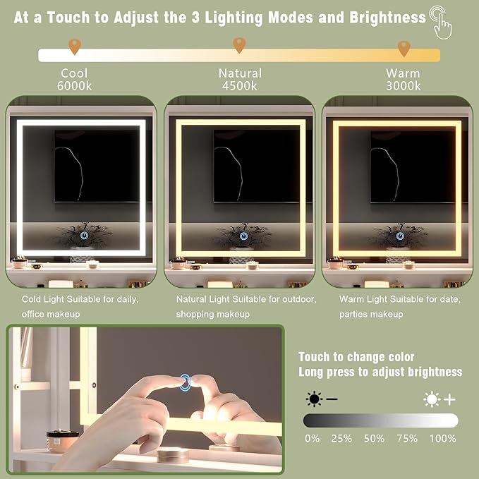 Vanity Desk with Mirror and Lights Charging Station Modern Industrial Dressing Table with 9 Fabric Drawers and Open Storage Shelves,Makeup Vanity Table for Woman Bedroom (White)