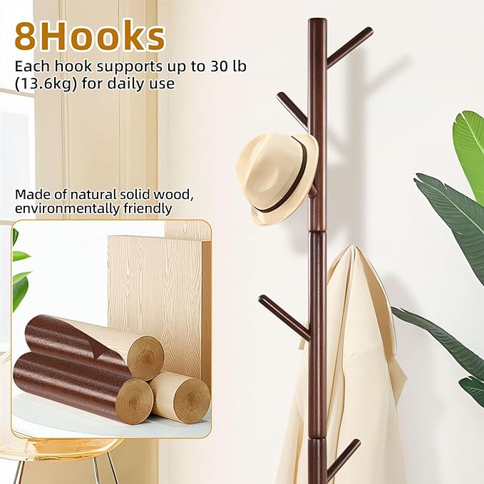 Coat Rack Freestanding with Stable Square Base, Entryway Furniture with 3 Adjustable Sizes and 8 Hooks, Used in Bedroom, Office and Hallway, Brown