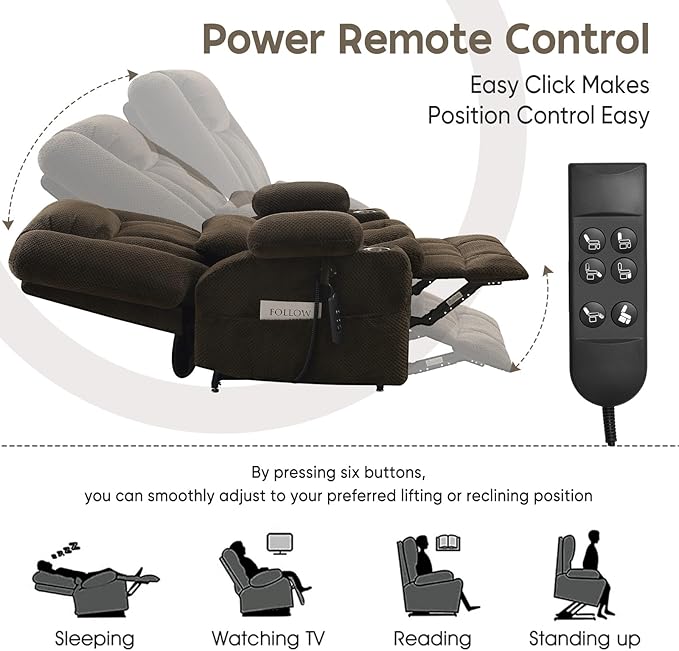 Large Dual Motor Lay Flat Power Lift Recliner Chair, Massage Recliner with Heat for Living Room, Lumbar Pillow, USB & Type-C Ports, Oversized Recliner for Elderly & Big People - Brown