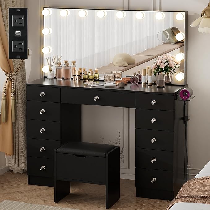VOWNER Vanity with Lighted Mirror - Makeup Vanity Desk with Lights and 11 Drawers, 3 Color Lighting Modes Adjustable Brightness, 46" Makeup Desk with Soft Cushioned Stool for Bedroom, Black