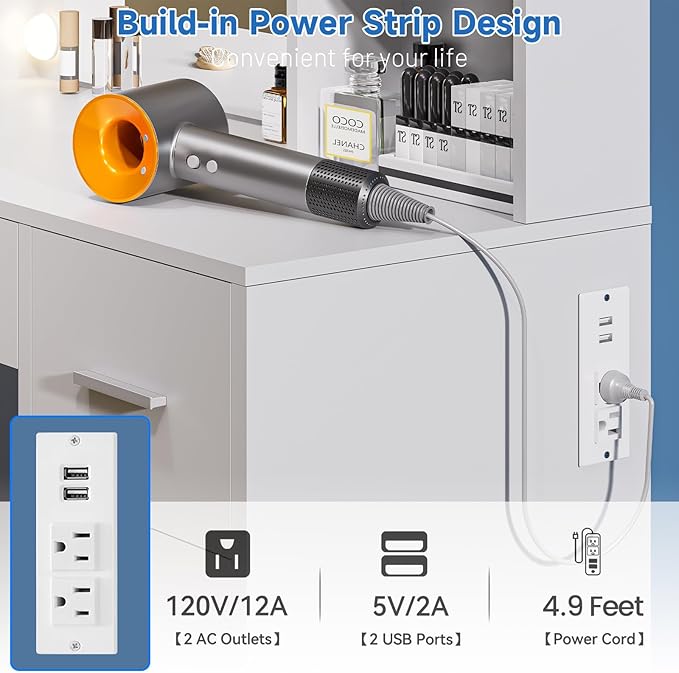 Large Vanity Desk with Mirror and 10 Lights, Makeup Vanity Table with Power Outlet, 7 Drawers and 6 Storage Shelves, Makeup Vanity Desk Dressing Table with 3 Lighting Modes for Bedroom (White)
