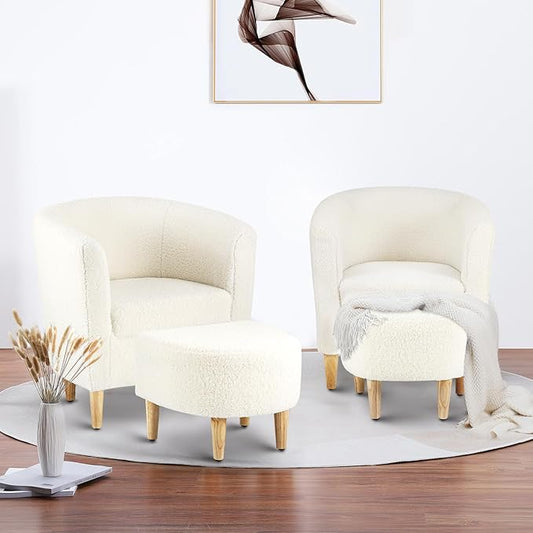 DAZONE Sherpa Chair, Accent Chair Set of 2 White Fluffy Teddy Barrel Chairs with Ottoman Comfy Armchair Comfortable Living Room Chairs Upholstered Club Tub Sofa Chair for Bedroom Reading Room