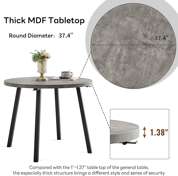 5-Piece Dining Room Table Set for 4, Round Kitchen Table Set, Grey Engineered Wood Coffee Breakfast Table with Hooks, 4 Soft Velvet Kitchen Dining Chairs, Metal Legs