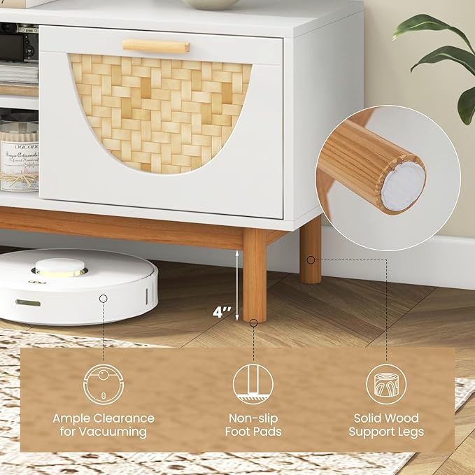 Tangkula White TV Stand for 55 Inch TVs, Mid Century Modern Entertainment Center with 2 Drawers & Bamboo Woven Fronts, Solid Wood Legs, Boho TV Console Table for Living Room (White, 47.5”, for 55"TV)