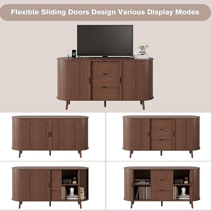 Alohappy 59" Mid Century Modern TV Stand with Charging Station, 32" Tall Farmhouse Curved Edge Media Console Table with Drawer and Shelf, Fluted Entertainment Center for Living Room, Bedroom Walnut