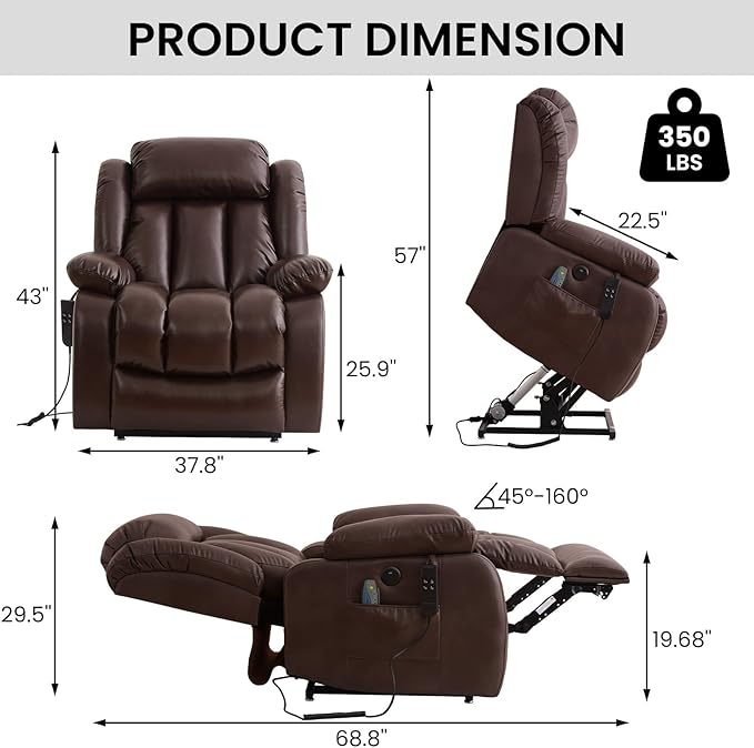 TEKAMON Dual Motor Power Lift Recliner Chair for Elderly, Breathable Leather Recliner with Heat & Massage, Lay Flat Sleeping Chairs with Infinite Position, Remote Control & USB Ports(Brown)
