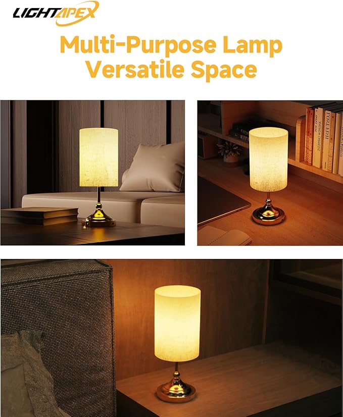 Lightapex Vintage Small Cordless Table Lamps with Stepless Dimming, Portable Rechargeable Bedside Lamps with Touch-Control for Bedroom, Living Room, and Reading, Cylinder(Brassy)