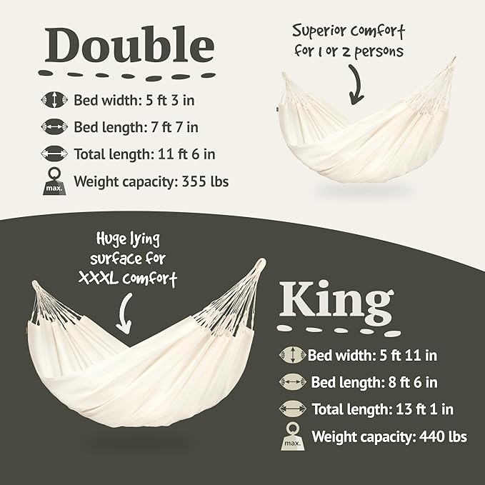 LA Siesta Brisa Classic Hammock with Suspension Kit for Walls, Ceilings, & Square Beams, Handmade, Weather-Resistant, Tear-Resistant Hammock for Indoors & Outdoors, Size-Double - Vanilla