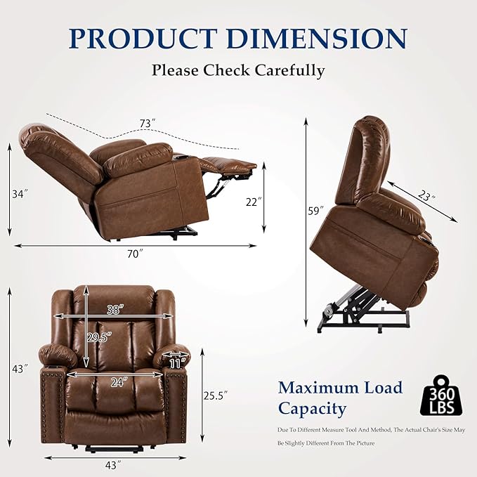 Large Power Lift Chair Recliner for Elderly with Heated and Massage, Overstuffed Adjustable Lift Chair, 3 Position, Breathable Leather, USB-A&USB-C, Cup Holder (Tall Man-7523, Chocolate)