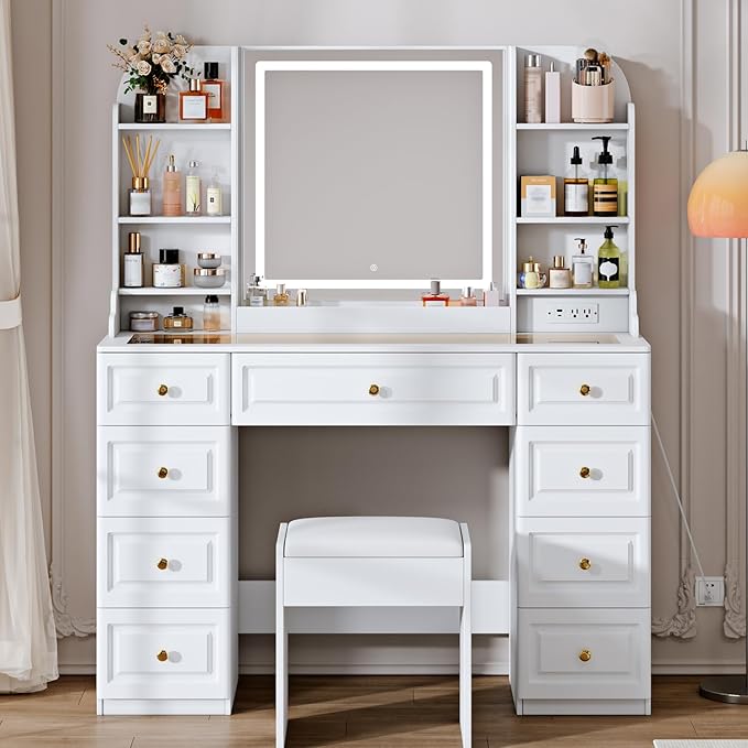 42" Makeup Vanity Desk with Mirror and Lights, & Power Outl, Glass Top Big Vanity Table with 9 Drawers& 8 Storage Shelves, Dressing Table Set with Chair for Bedroom, White
