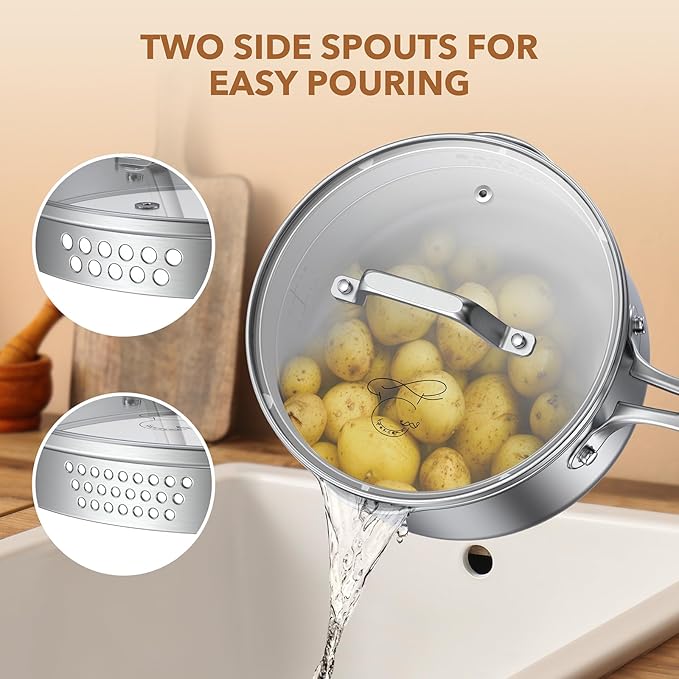 PekGema Stainless Steel Saucepan 3.5 Quart with Glass Strainer Lid, Thicken Tri-ply Full Sauce Pot, Two Side Spouts for Easy Pour, Dishwasher Safe, Induction Ready, Compatible with All Cooktops