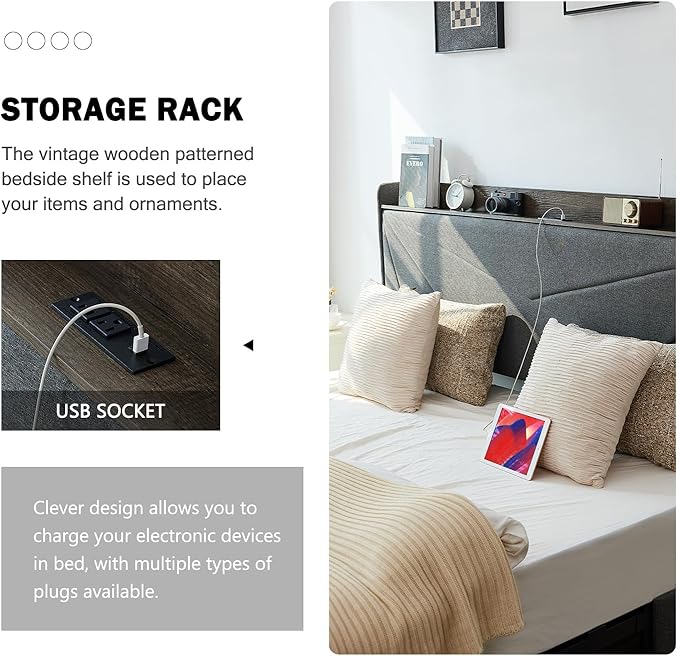 Queen Size Bed Frame with 3 Drawers, Upholstered Queen Size Bed Frame with Storage Headboard, AC USB & Type C Charge Station,Wooden Support Slats No Box Spring Needed Easy Assembly,Grey