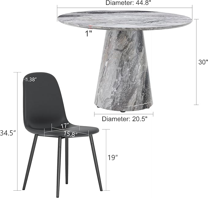 Round Dining Table Set for 4, 45IN Kitchen Table Set with Faux Marble Table Top and PU Upholstered Chairs, Modern Dinner Table with Chairs Set for Dinning Room, Living Room