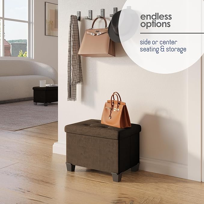 STORAGEBUD Storage Ottoman Cube with Small Bin, 16-in Square Ottoman with Storage for Living Room and Bedroom, Small Ottomans Foot Rest, Velvet Foot Stools Ottomans Max 330lbs, Brown