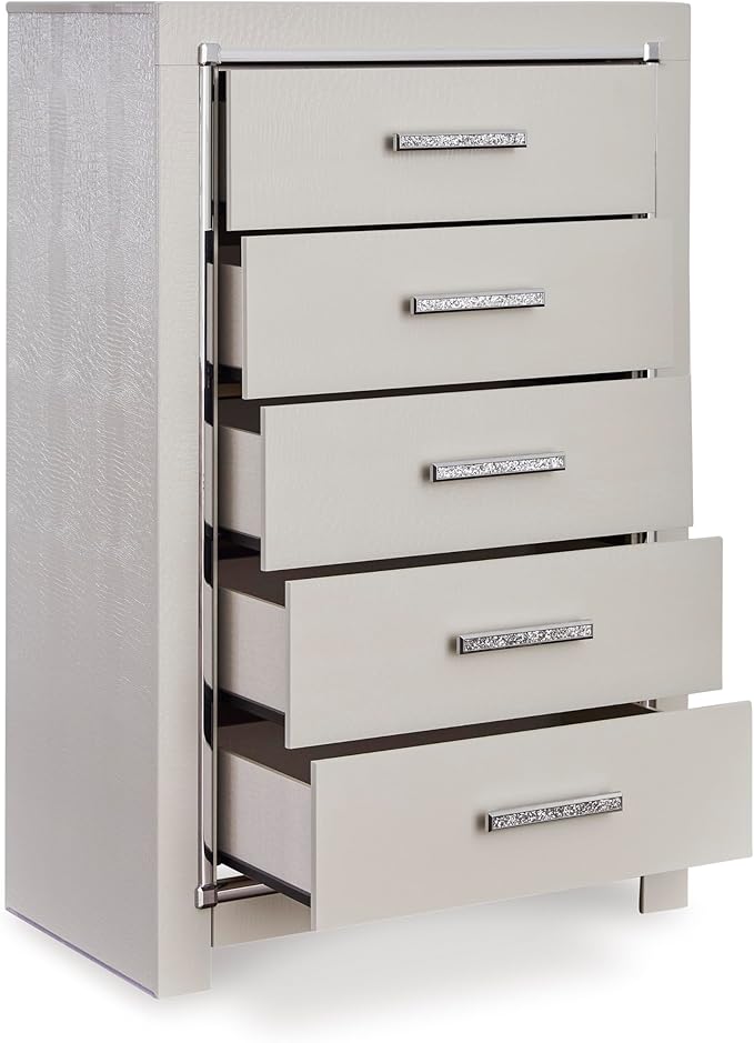 Signature Design by Ashley Zyniden Glam 5 Drawer Wide Chest with Safety Stop for Bedroom, Chrome