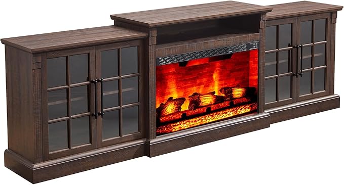 AMERLIFE 97" Farmhouse Fireplace TV Stand, Entertainment Center with Large Storage Space and Adjustable Shelf, Media Console for Living Room, Rustic Brown
