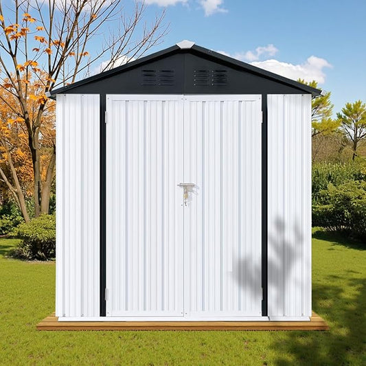 6 x 4 FT Outdoor Storage Metal Shed, Bike Garden Tool Shed with Slooping Roof, Lockable Doors and Aluminum Frames, Shed Easy to Assemble for Garden, Patio, Lawn, White+Black