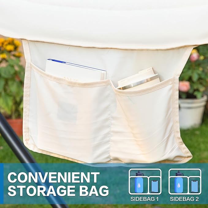 PNAEUT Double Hammock with Stand for Outside, Rope Hammocks with Polyester Pad 2 Person, 12ft Heavy Duty Stand, Extra Pillow, Storage Sidebag, Max 475 lbs Capacity (Pearl White)