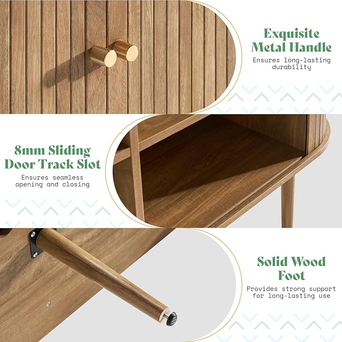 AMERLIFE 55" TV Stand with Solid Wood Legs, Mid Century Modern TV Console with Tambour Door for 80-inch TV, Dust-Proof Storage Cabinet for Living Room, Natural Finish