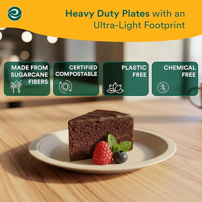 ECO SOUL Compostable Paper Plates 6 Inch (200 Count) Plates for Dessert, Heavy Duty, Eco-Friendly Sugarcane Bagasse Small Plates For Appetizer- Natural Brown