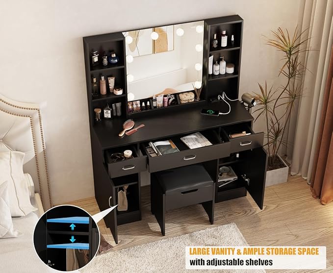 Vabches Vanity Desk with Lights and Mirror, Makeup Vanity Table with Charging Station, 45in Big Vanity Set with Lots of Storage Space, Black