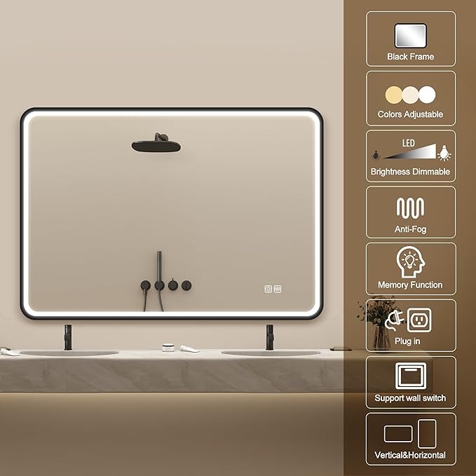 LED-Bathroom-Mirror-with-Lights, 40"x28" Wall-Mounted with Anti-Fog, 3 Colors Dimmable Light, Waterproof, Tempered Glass, Black Framed