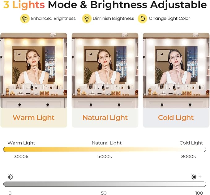 DICTAC Farmhouse Makeup Vanity Desk with Mirror and Lights, Large Vanity Table with Charging Station, 43'' Bedroom Dressing Table with 6 Drawers & 2 Cabinets, 3 Color Lighting Modes, White