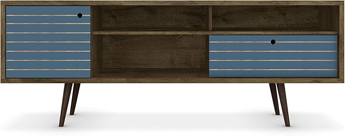 Manhattan Comfort Liberty Mid Century Modern TV Stand for Televisions up to 65 Inches, Bedroom and Living Room Entertainment Center with Storage, Shelves, and Cabinet, 71" Wide, Rustic Brown/Aqua