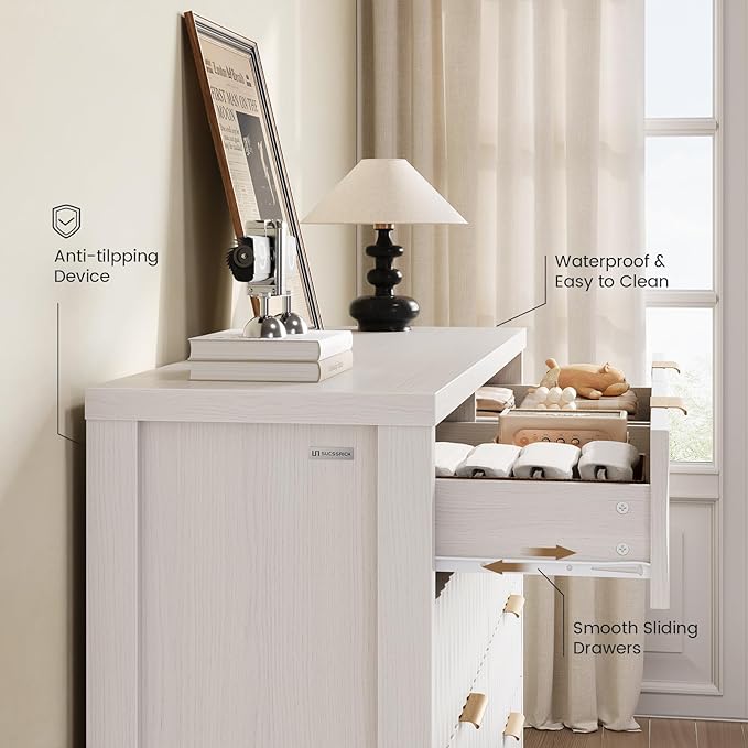 Dresser for Bedroom with 8 Drawers, 46.9" Wide Modern Chest of Drawers with Metal Handle, Wood Dresser TV Stand, Wood Storage Organizer for Bedroom, Living Room, Closet(Beigewhite)