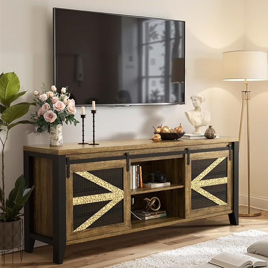 VFK 70 Inch TV Stand for TVs up to 70", Rustic Farmhouse Media Console with Sliding Barn Doors, 6 Drawers, Entertainment Center for Living Room