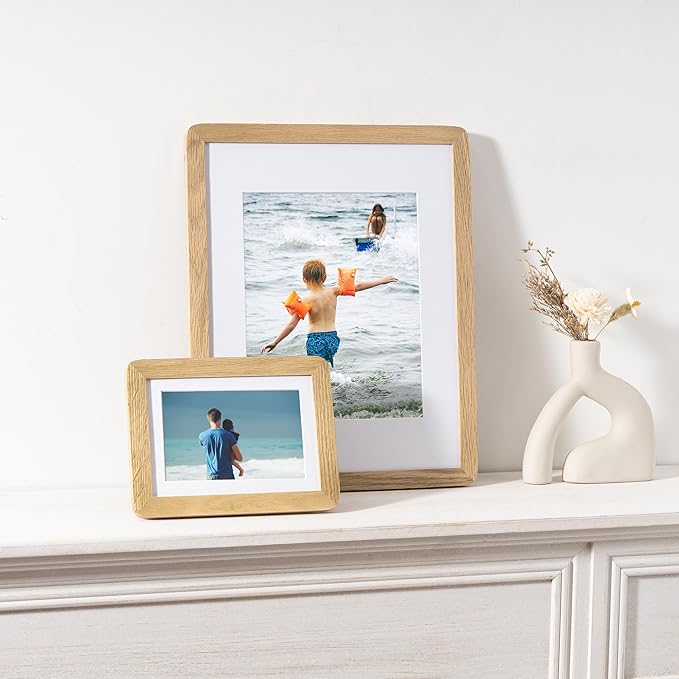 5x7 Picture Frame - Solid Oak Wood 5 x 7 Photo Frame, 5''x7'' Frame With Mat For 4x6, Tabletop and Wall Display, Hanging Hardware Included, 5 By 7 Picture Frame Wood, Natural Oak