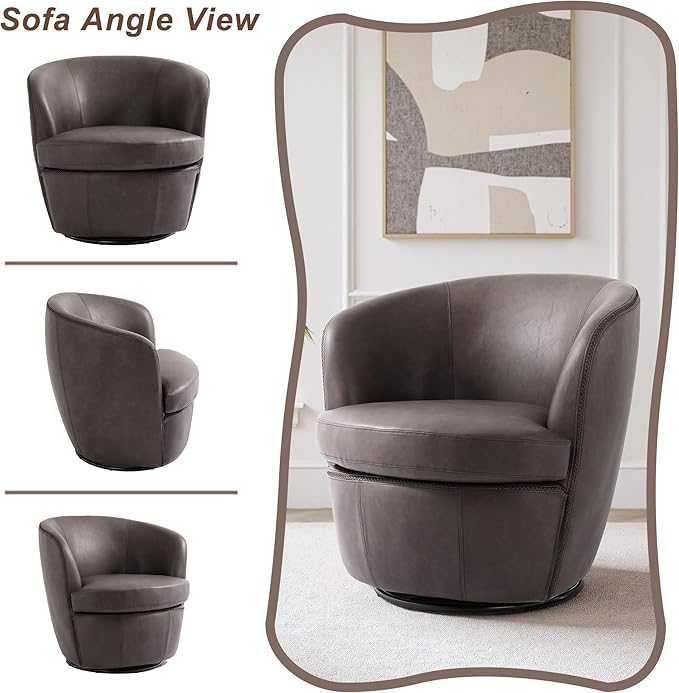 Swivel Barrel Chair, Modern Round PU Leather Accent Armchair for Living Room, Bedroom, Comfy Club Reading Chairs for Adults (Leather Chocolate, Set of 2)