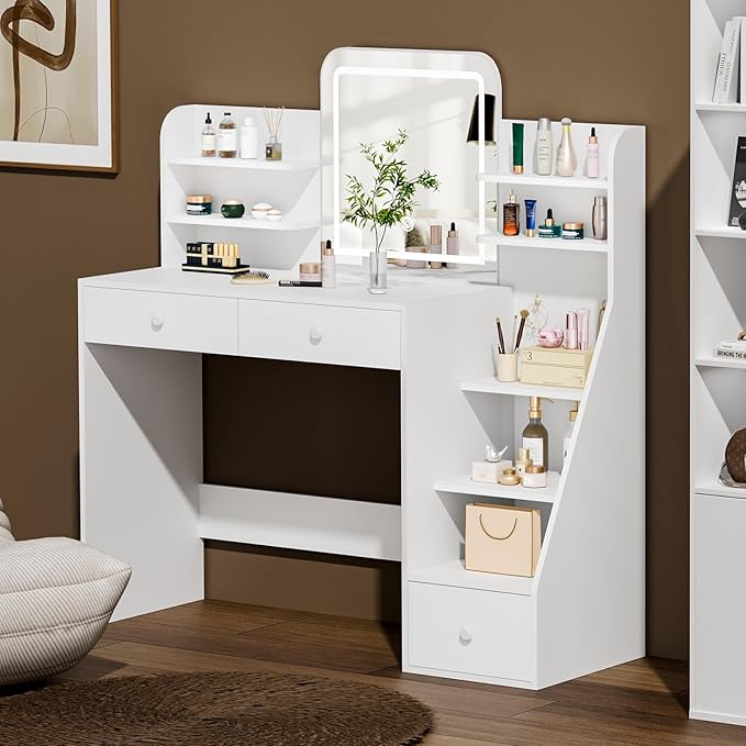 White Makeup Vanity Desk with Square LED Mirror & 6 Open Shelves - 3-Color Adjustable Lighting, 3 Drawers + Right-Side Sloped Design, Dressing Table for Bedroom, Women, Teens