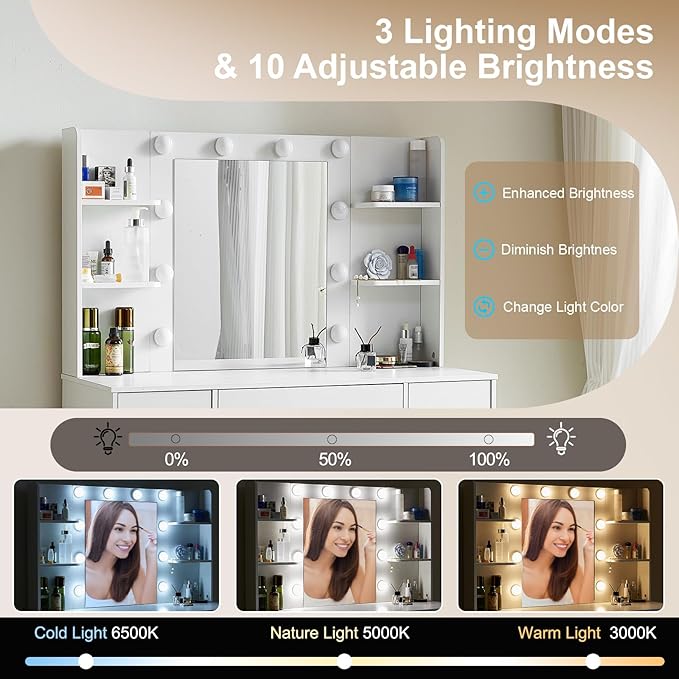 White Vanity Desk with Mirror and Lights, 3 Colors LED Lighted Hollywood Makeup Vanity Mirror with 10 Lights, Large Vanity Dressing Table with 7 Drawers, Crystal Knobs