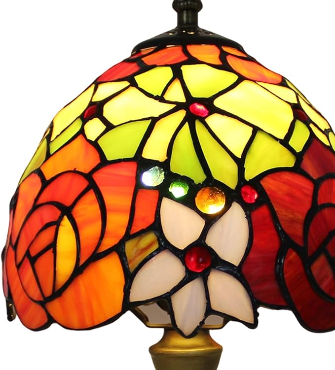 Small Tiffany Table Lamp 8" Flower Design Stained Glass Shade Red Yellow Floral Multi-Color 14.6" Tall Vintage Bedside Light for Living Room Sofa Side Bedroom nightstand