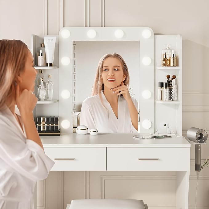 Maupvit Vanity Desk with Mirror and Lights,Makeup Vanity Table Set with Power Outlet,3 Lighting Modes & Adjustable Brightness Dressing Table with 2 Drawers for Bedroom Dressing Room,White