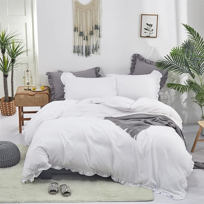 Cottonight White Comforter Set - Queen Size Farmhouse Boho Ruffles Bedding Set with Soft Breathable Quilts