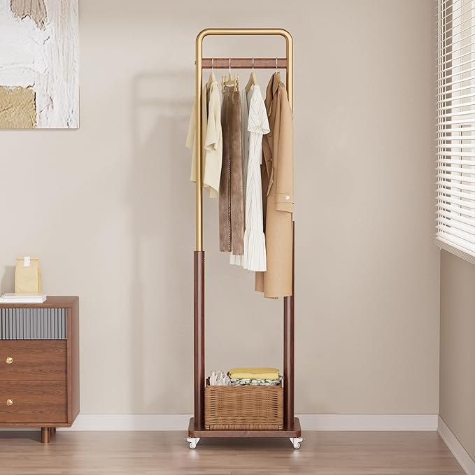 Clothes Rack Solid Wood Coat Rack, Metal and Solid Wood Combination Clothing Rack with Wheels for Entryway, Bedroom, Living Room, Coat Racks Freestanding for Hanging Clothes Garment Scarf