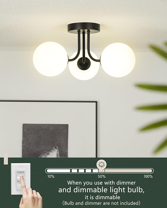 3-Globe Black Flush Mount Ceiling Light in a Modern Farmhouse Design is Ideal for Living Rooms, Bedrooms, or Dining Rooms. Model:CKCL4845-3W-BK
