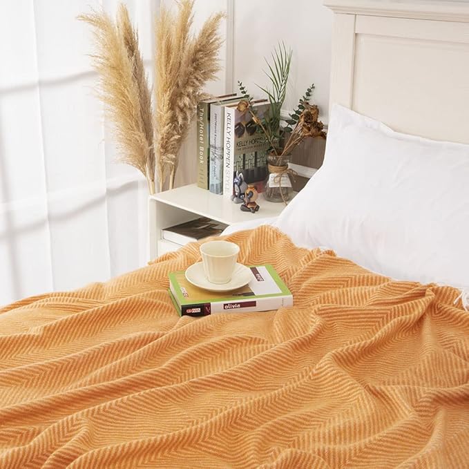 Gealaek Decorative Herringbone Faux Cashmere Throw Blanket Orange Cheveron Fringe Lightweight Fuzzy Soft Cozy Throws for Sofa Bed Farmhouse Throw Blanket 50" x 60"