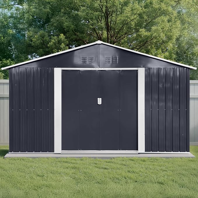 11x10.6 Ft Outdoor Storage Shed, Heavy-Duty Metal Shed with Windows & Secure Lockable Doors, Ideal Storage Shed for Outdoor, Patio, Garden, and Backyard, Black